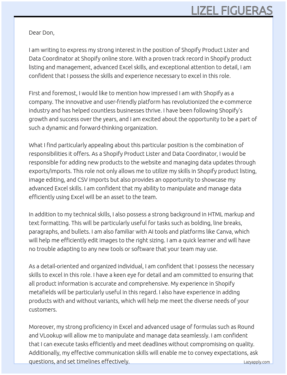 Shopify Product Lister and Data Coordinator At Shopify online store Cover Letter