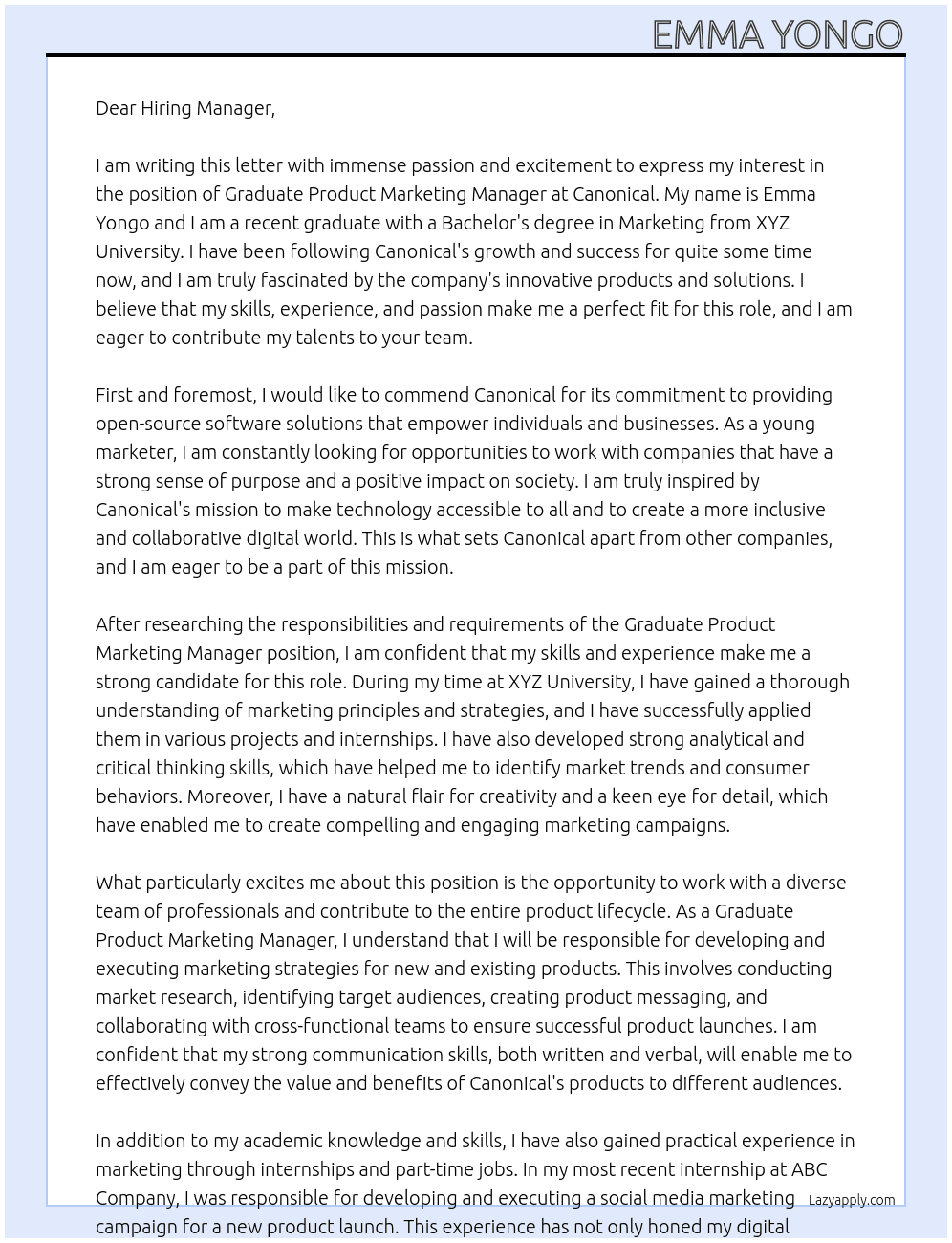 Graduate product marketing manager  At Canonical Cover Letter