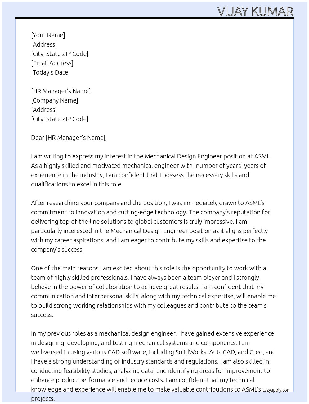 mechanical design engineer At asml Cover Letter