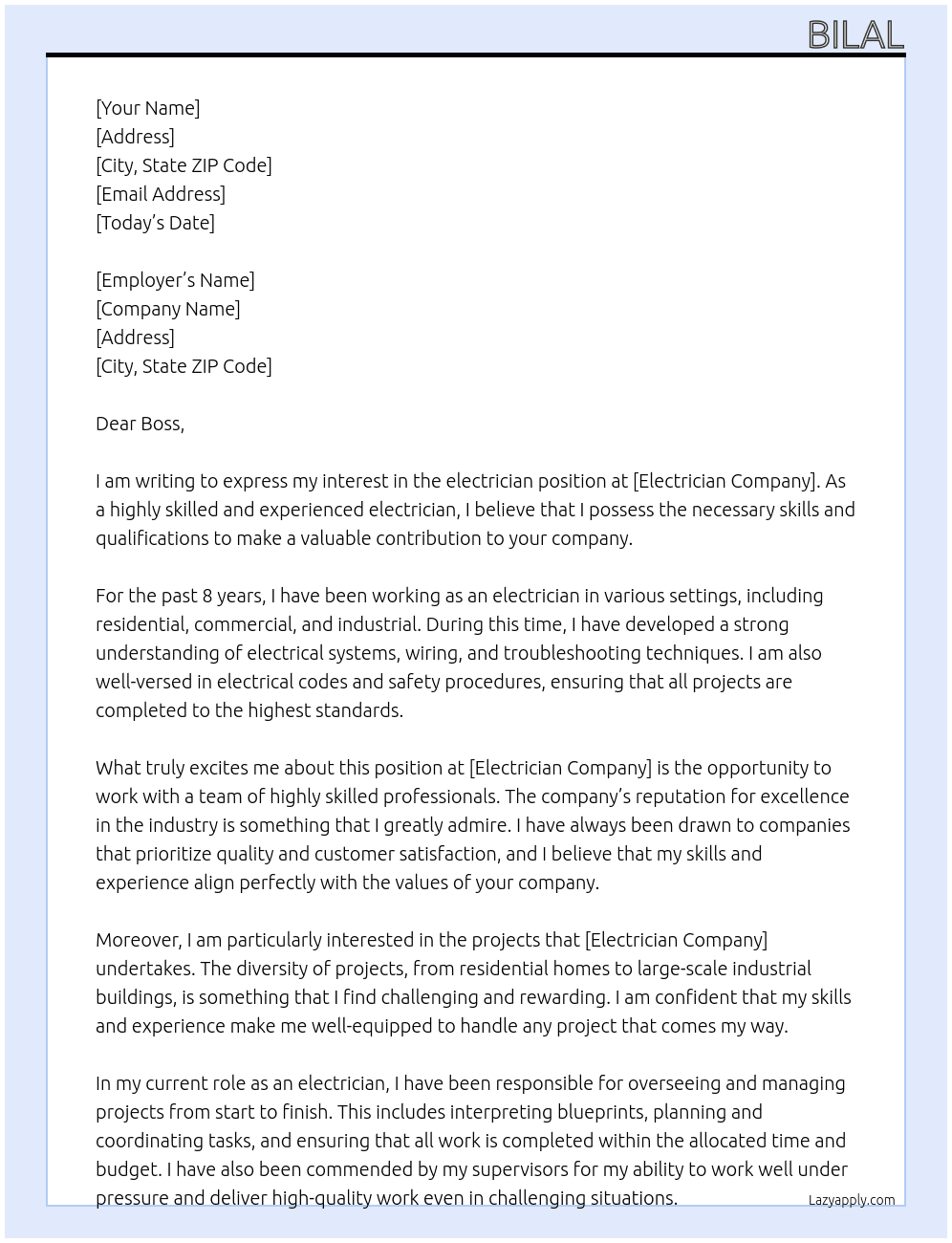 electrician At electrician company Cover Letter