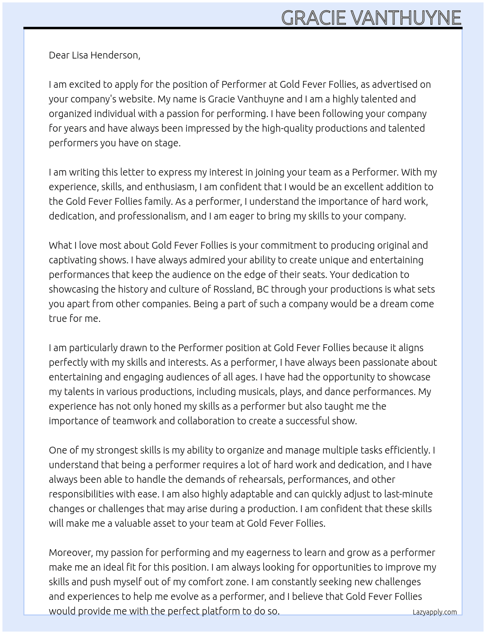 Cover letter for performer - LazyApply