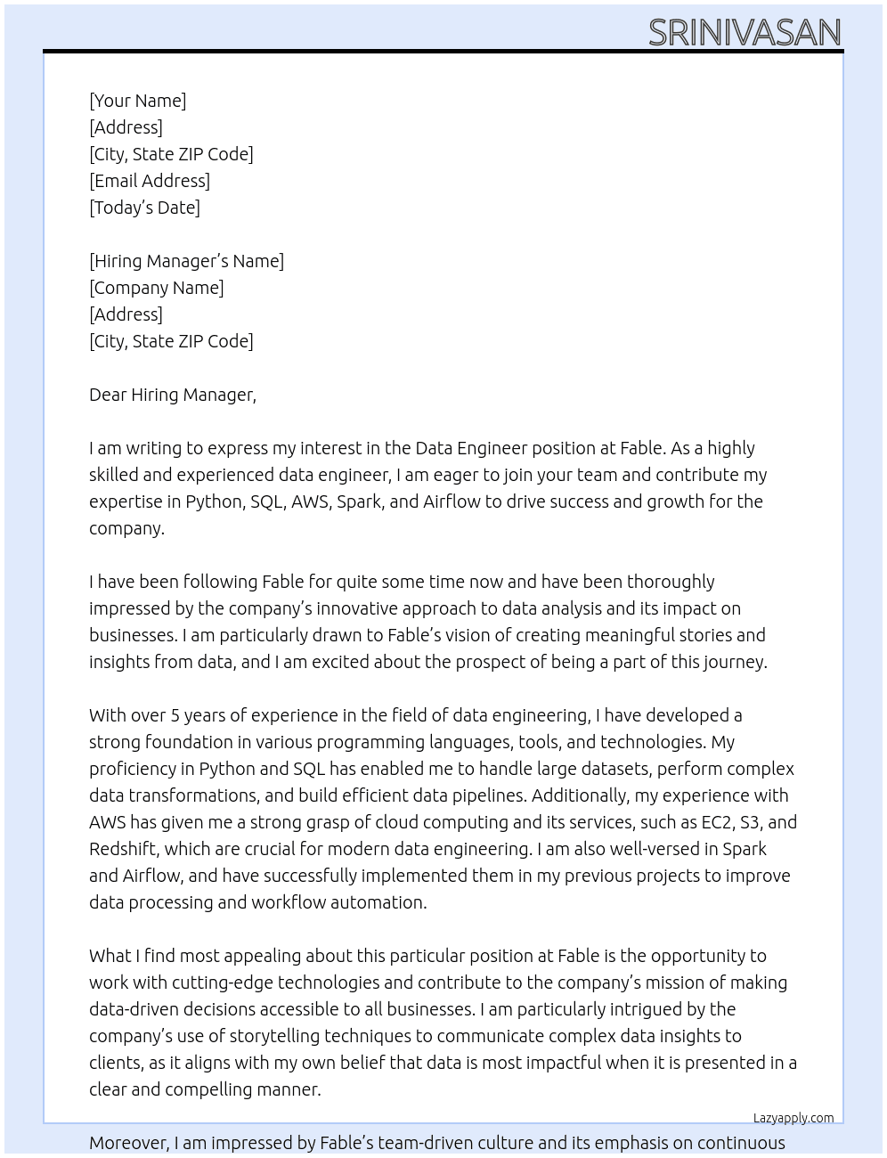 Data Engineer At Fable Cover Letter