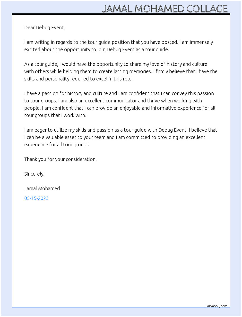 For tour At Debug event Cover Letter