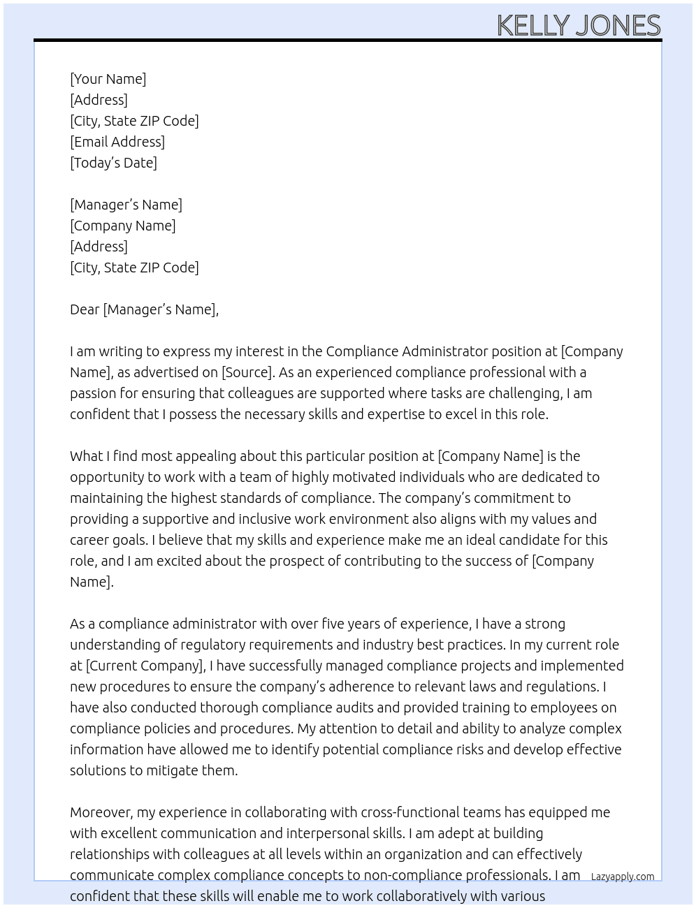 Compliance Administrator At LLC Cover Letter