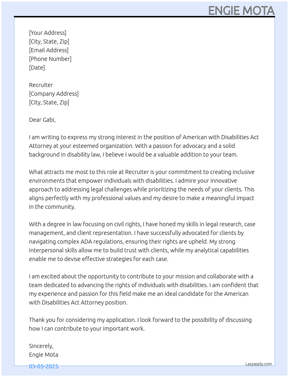American with Disabilities Act Attorney At Recruiter Cover Letter