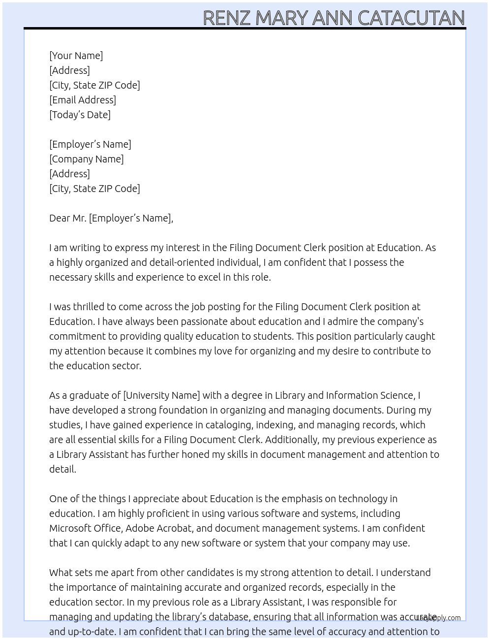Filing Document Clerk At Education Cover Letter