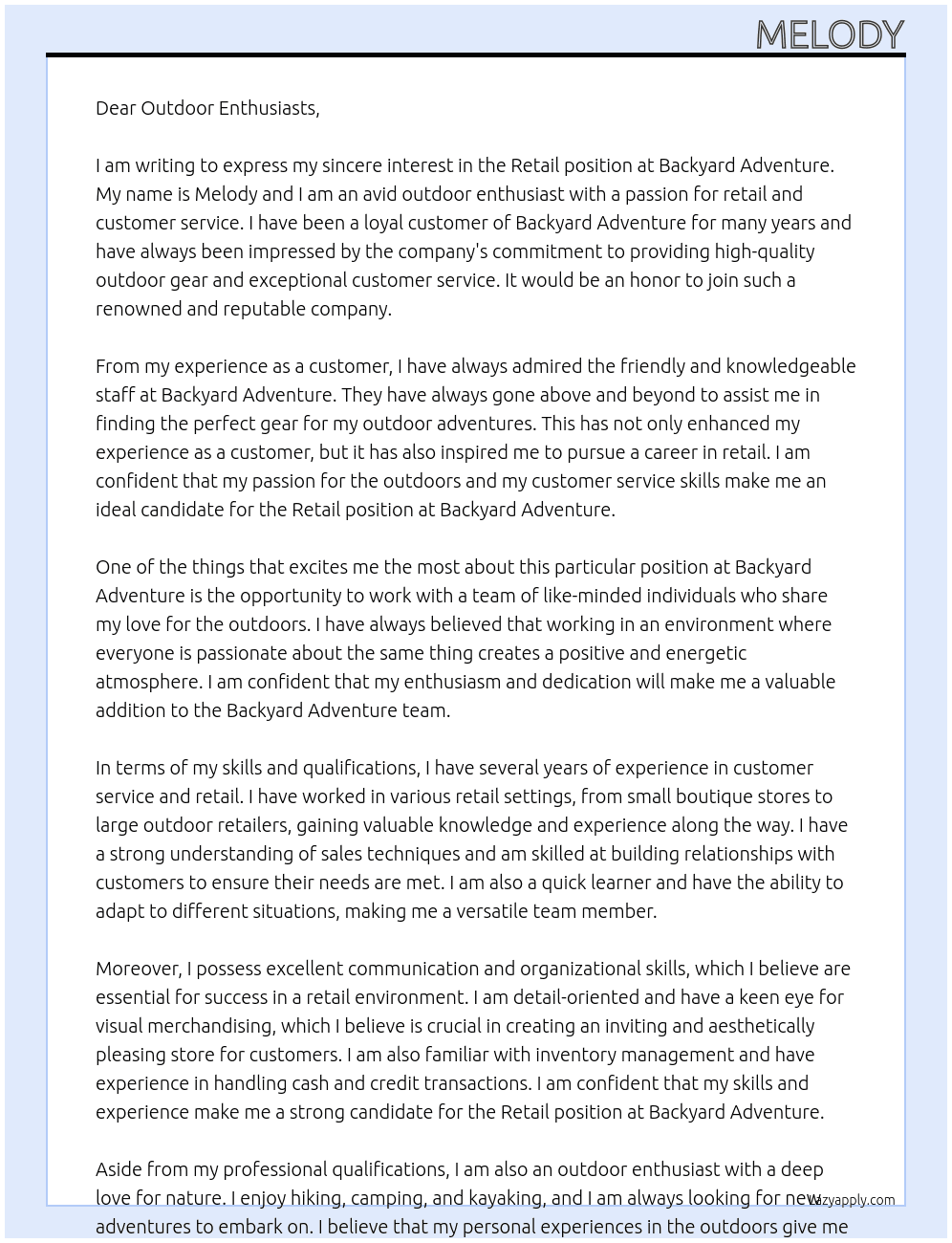 retail At backyard adventure Cover Letter