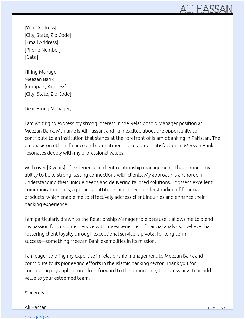 Relationship Manager At Meezan Bank Cover Letter