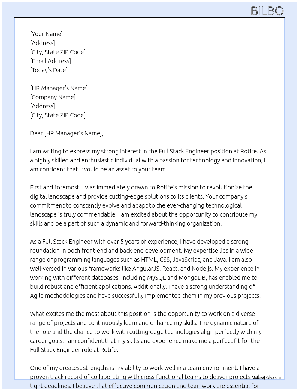 Full Stack Engineer At Rotife Cover Letter