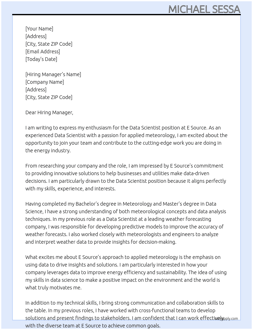 Data Scientist, Applied Meteorology At E Source Cover Letter
