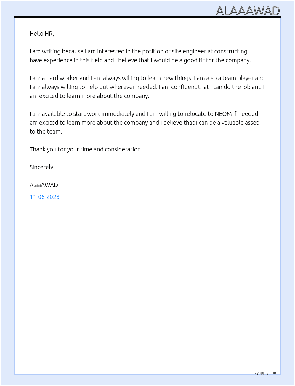 site engneer At constructing  Cover Letter