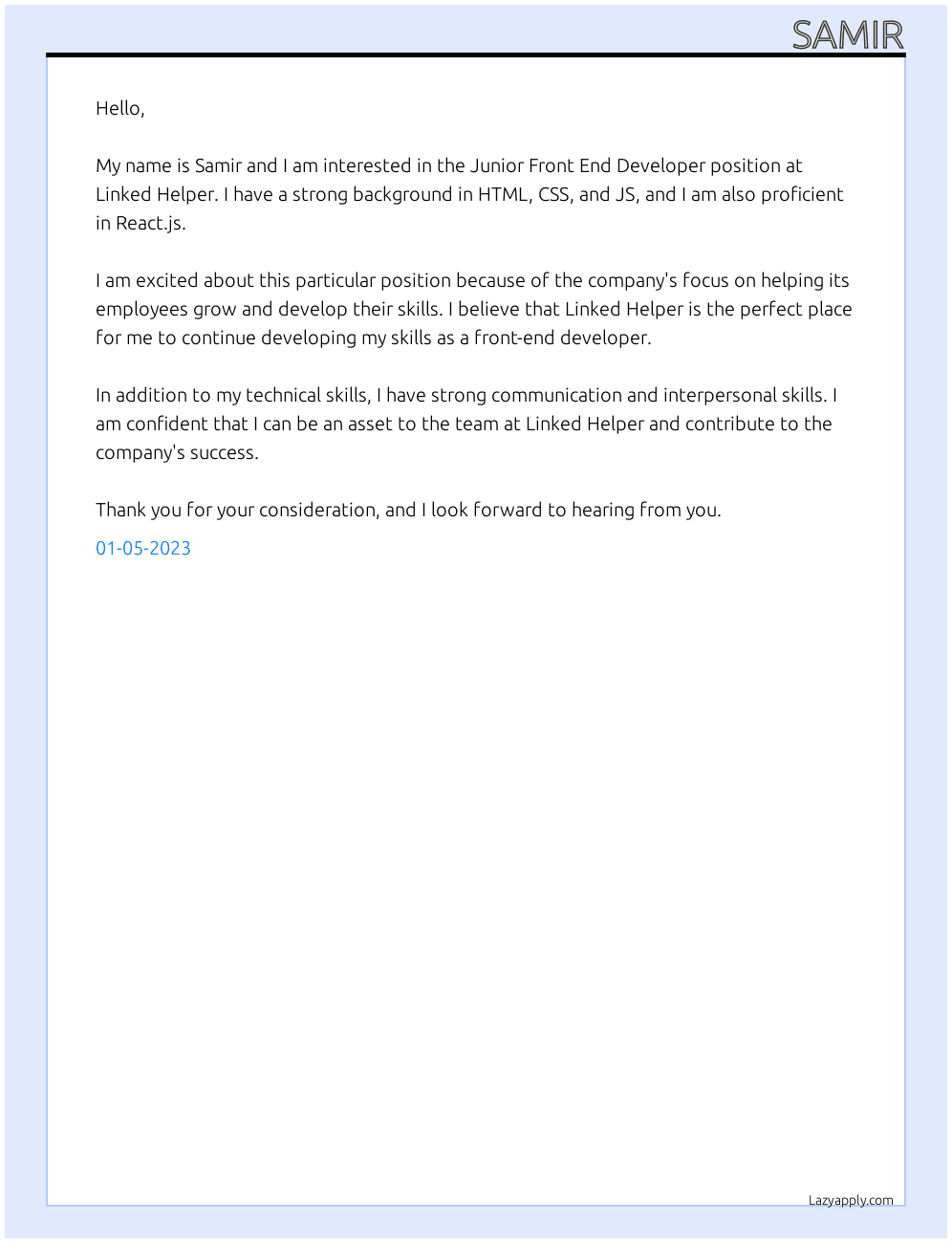 Junior Front End Developer  At Linked Helper Cover Letter