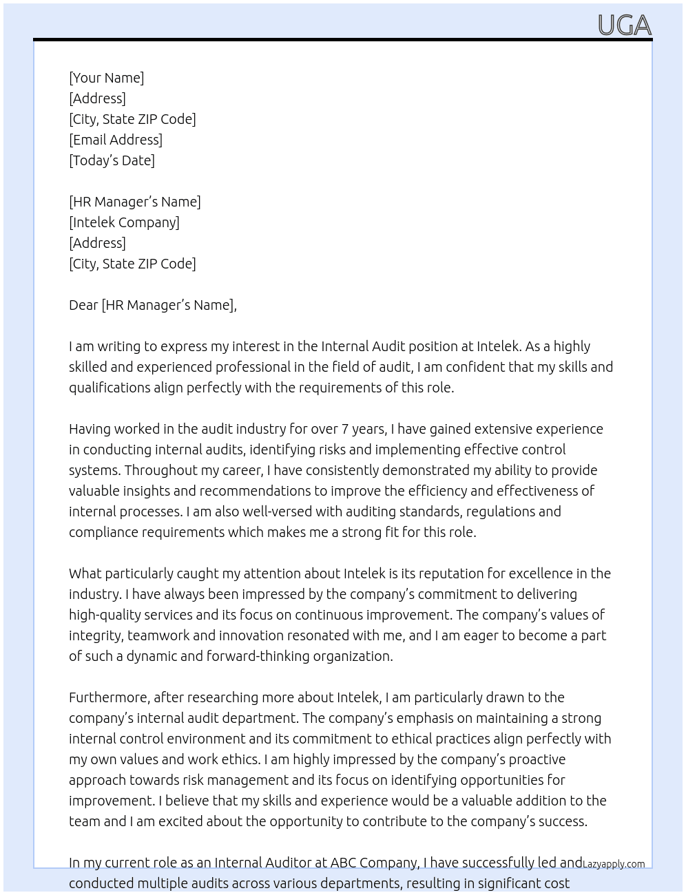 internal audit At Intelek Cover Letter