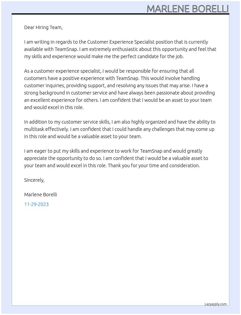 Customer Experience Specialist of sports At TeamSnap Cover Letter