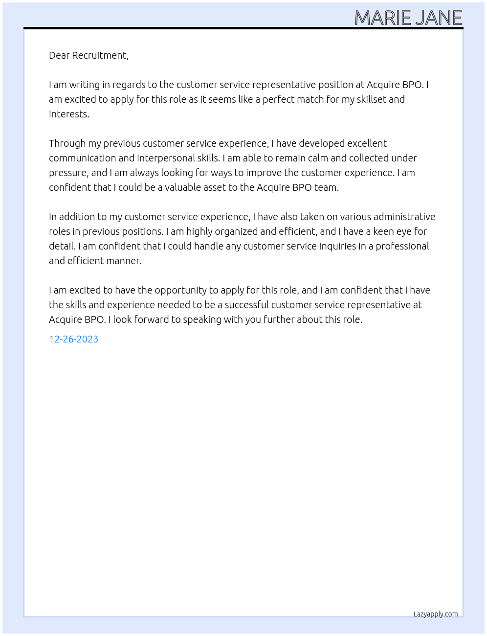 customer service respresentative At Acquire BPO Cover Letter