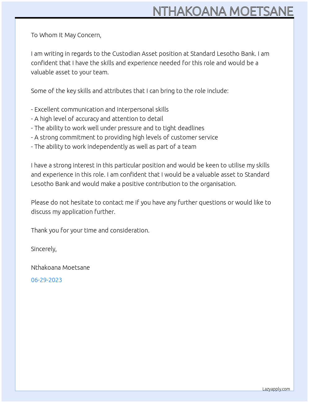 Custodian Asset At Standard Lesotho Bank Cover Letter