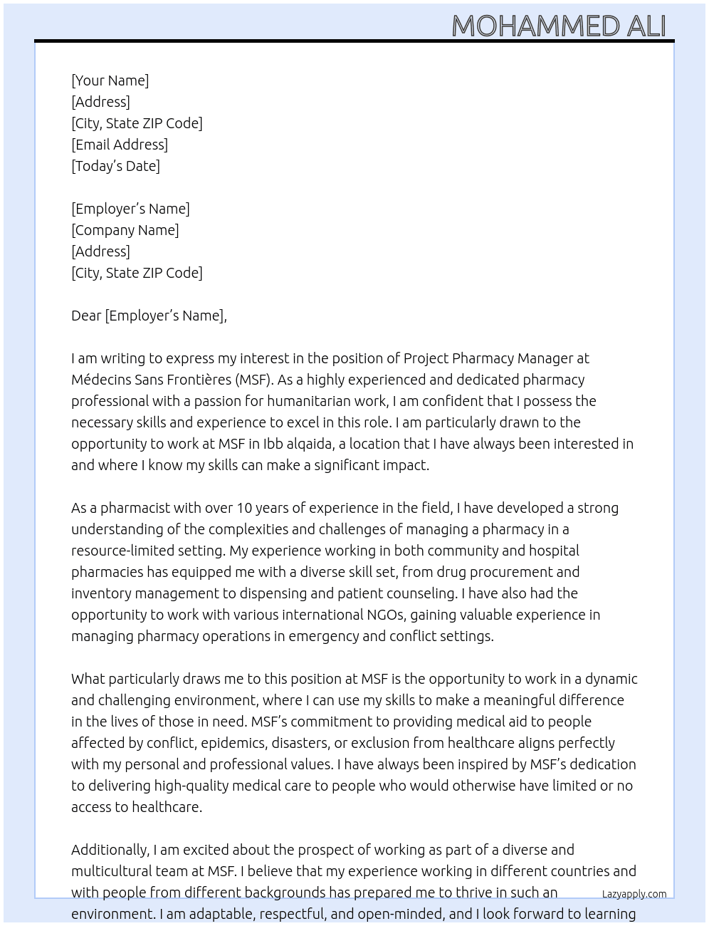 Project pharmacy manager  At medecins sans frontieres  Cover Letter