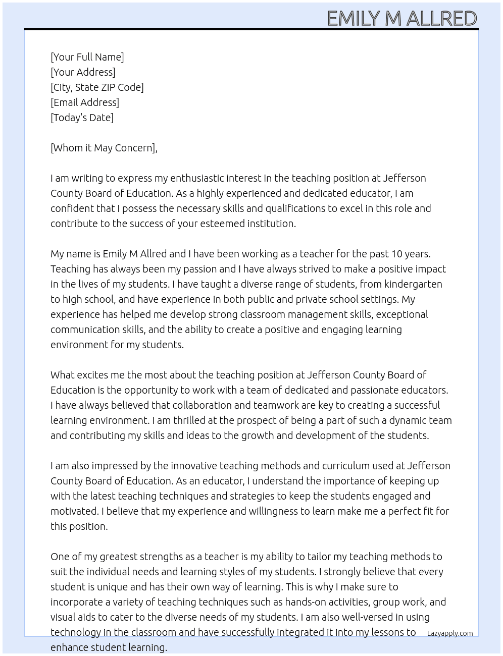 Teacher At Jefferson County Board of Education Cover Letter
