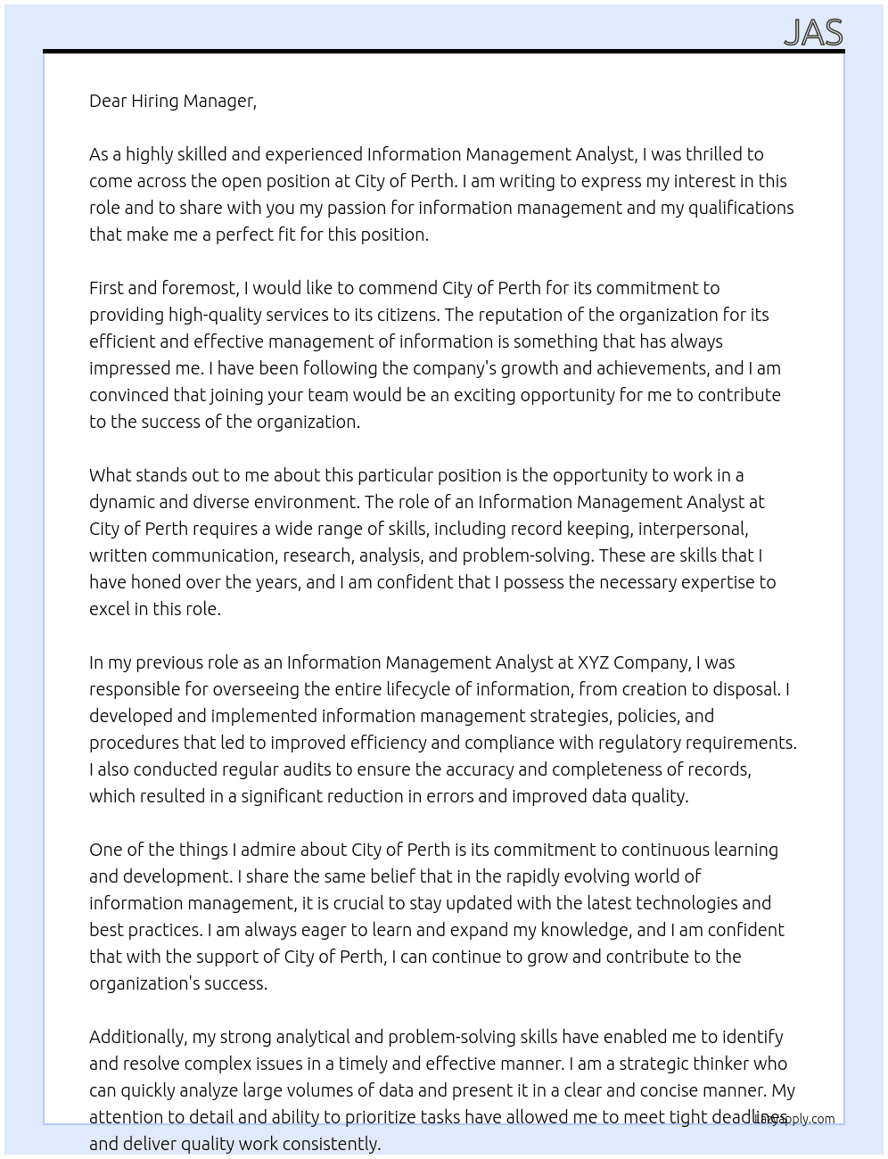 Information Management Analyst At City of Perth Cover Letter