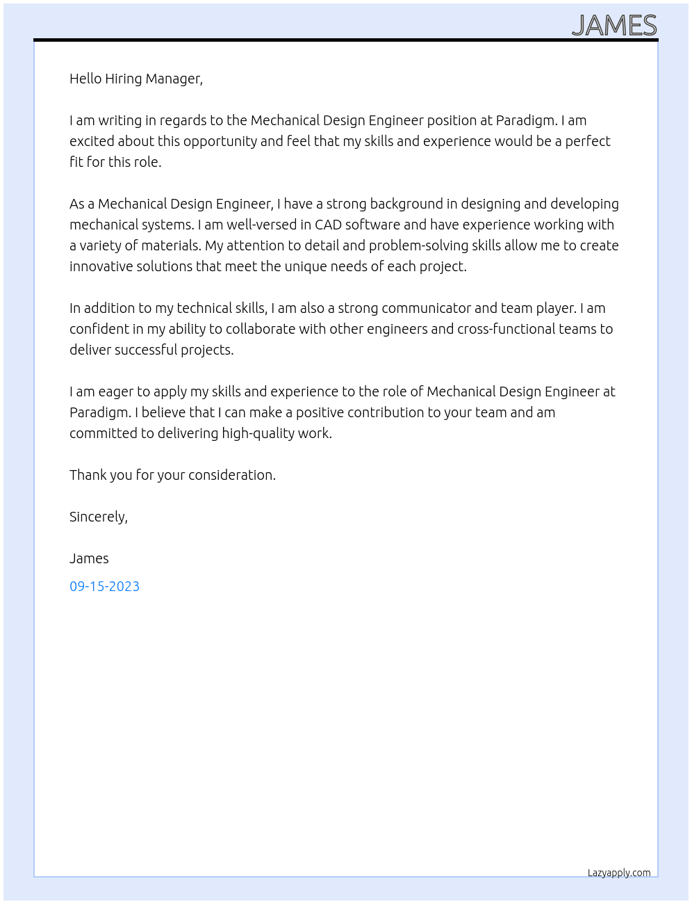 Mechanical Design Engineer At Paradigm Cover Letter