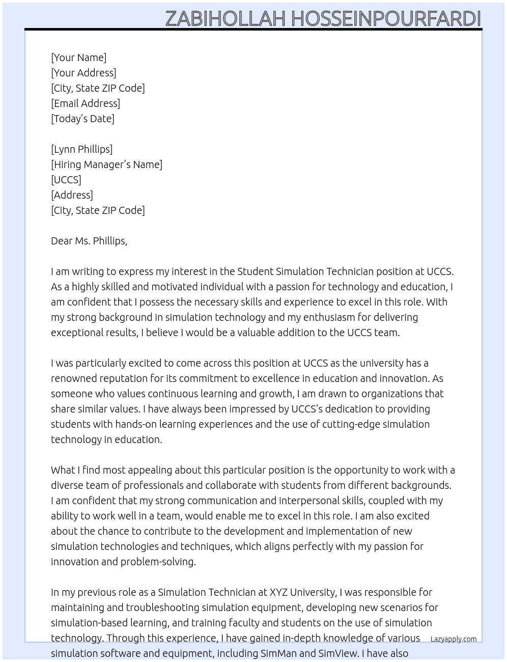 Student Simulation Technician At UCCS Cover Letter