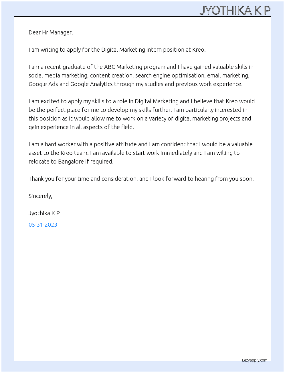 Digital marketing intern  At Kreo Cover Letter