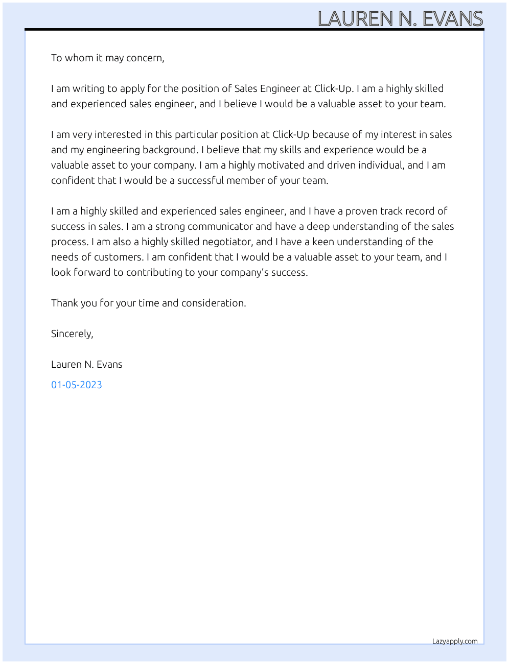 Sales Engineer At Click-Up Cover Letter