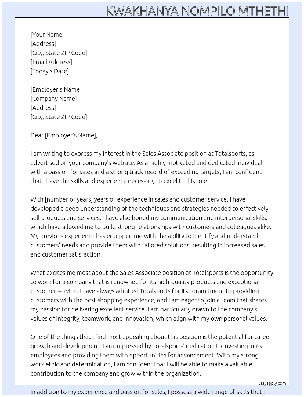 Sales Associate  At Totalsports  Cover Letter