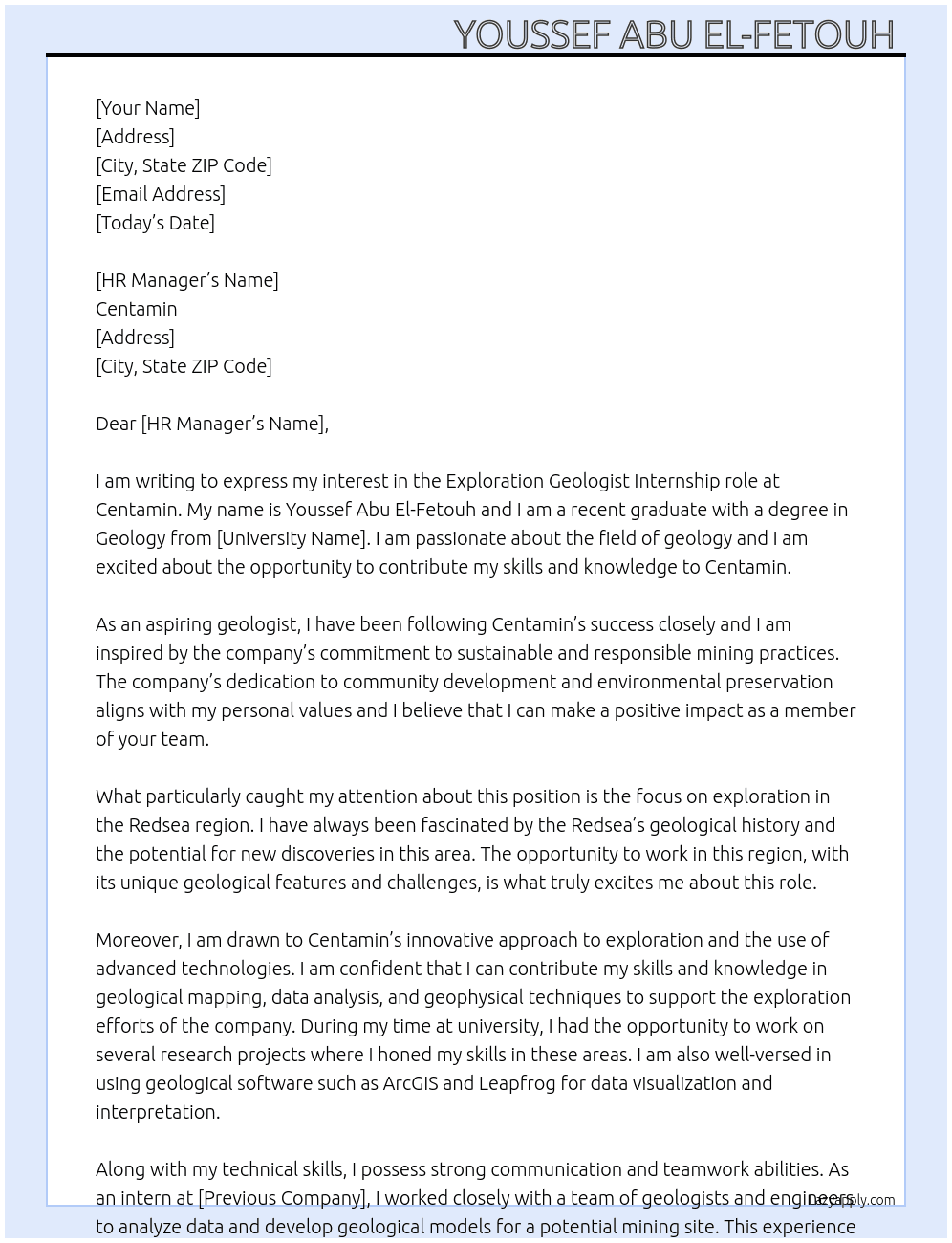 Exploration geologist  At Centamin  Cover Letter