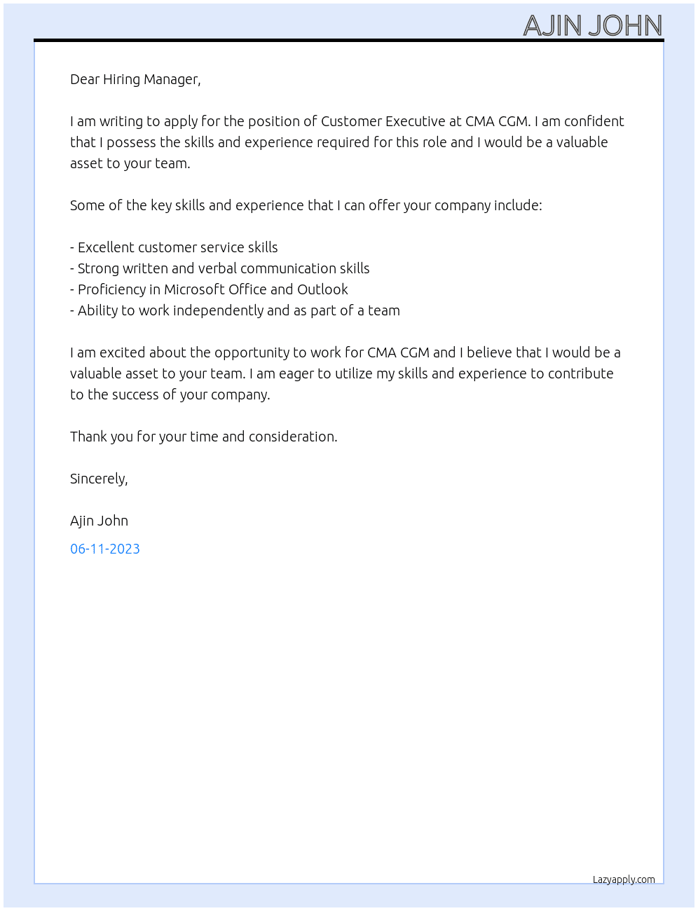 Customer Executive At CMA CGM Cover Letter