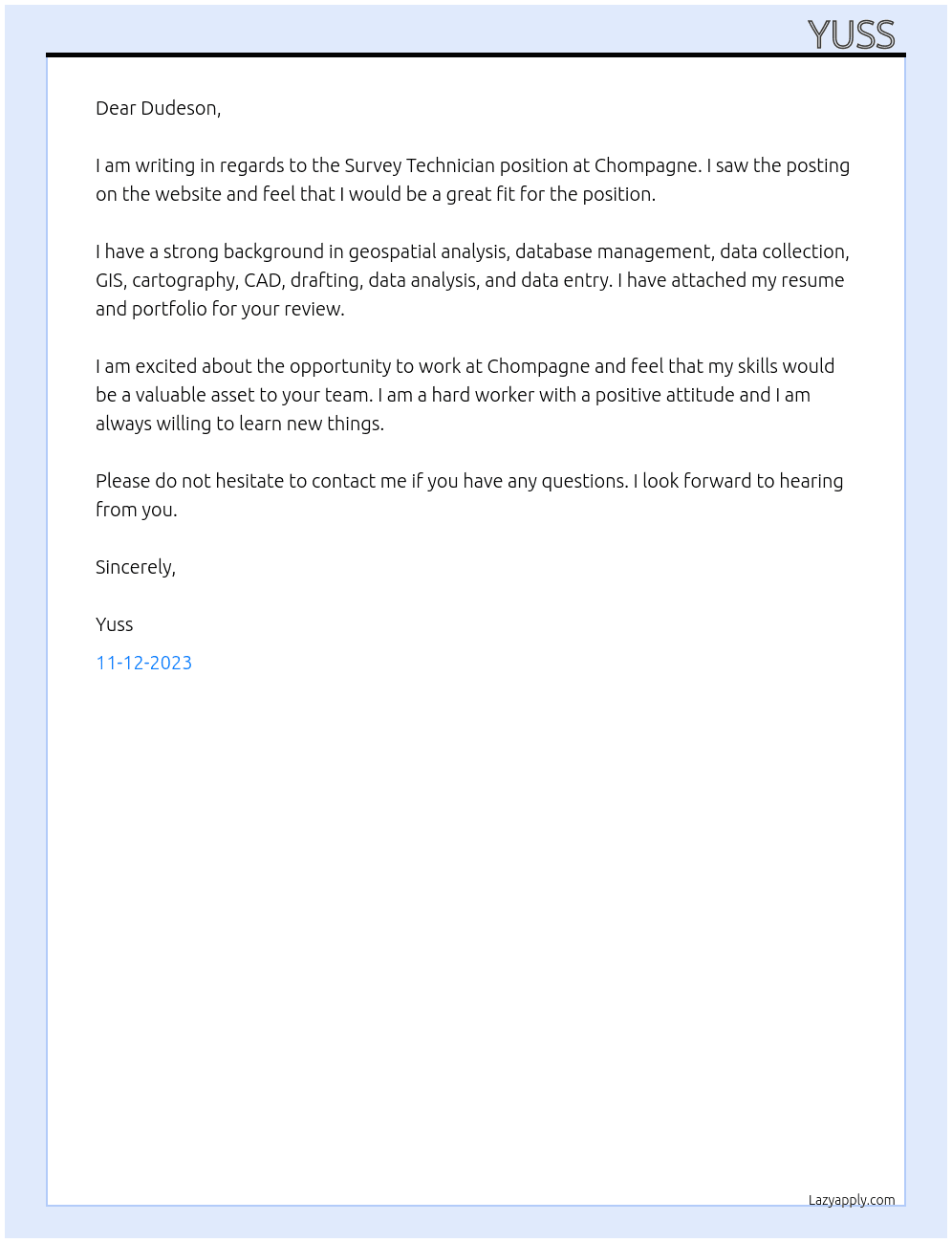 Survey Technician At Chompagne Cover Letter