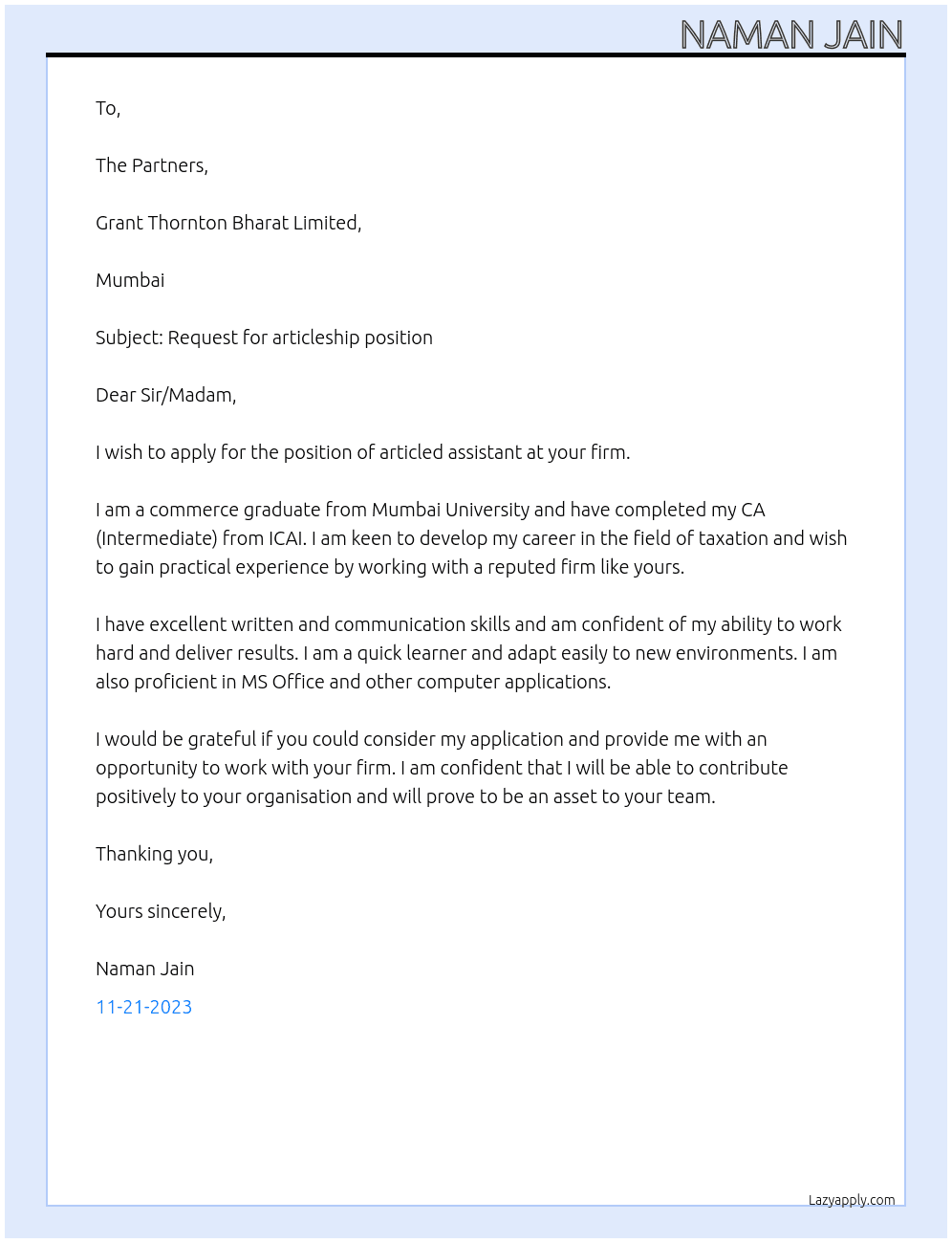articleship At grant thorton bharat limited Cover Letter