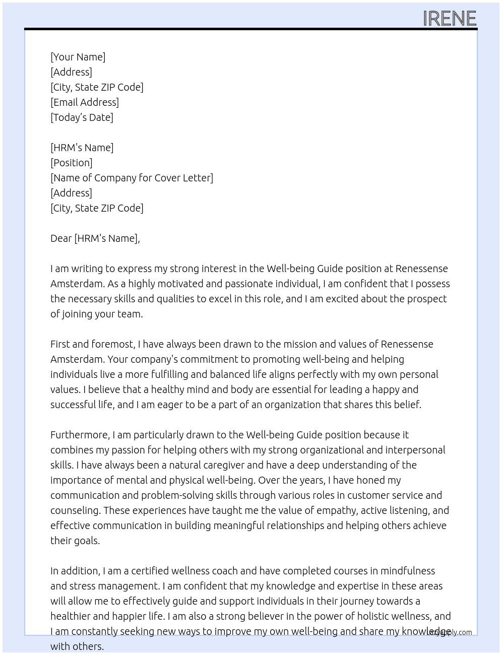 well-being guide At renessense amsterdam Cover Letter