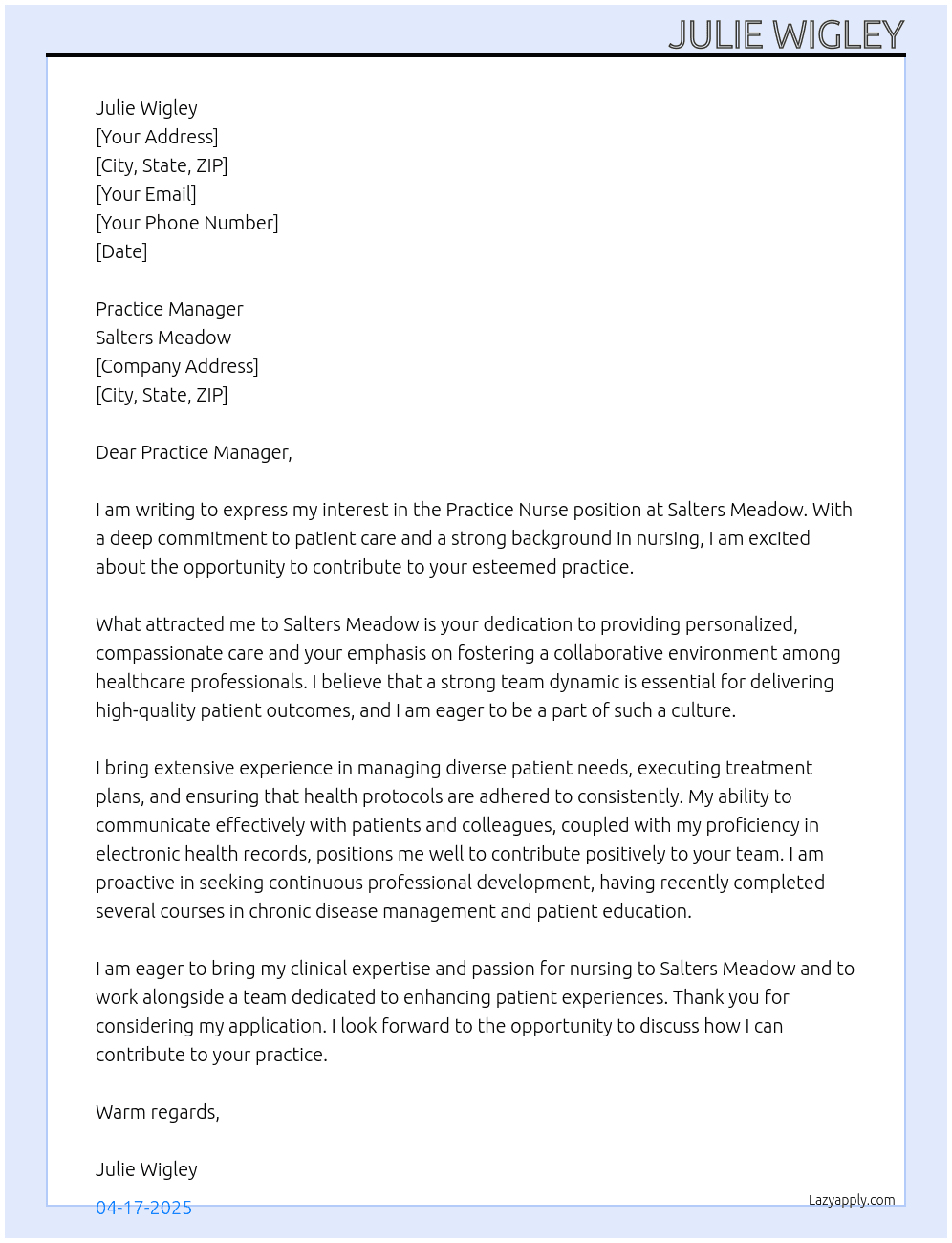 practice nurse At Salters Meadow Cover Letter