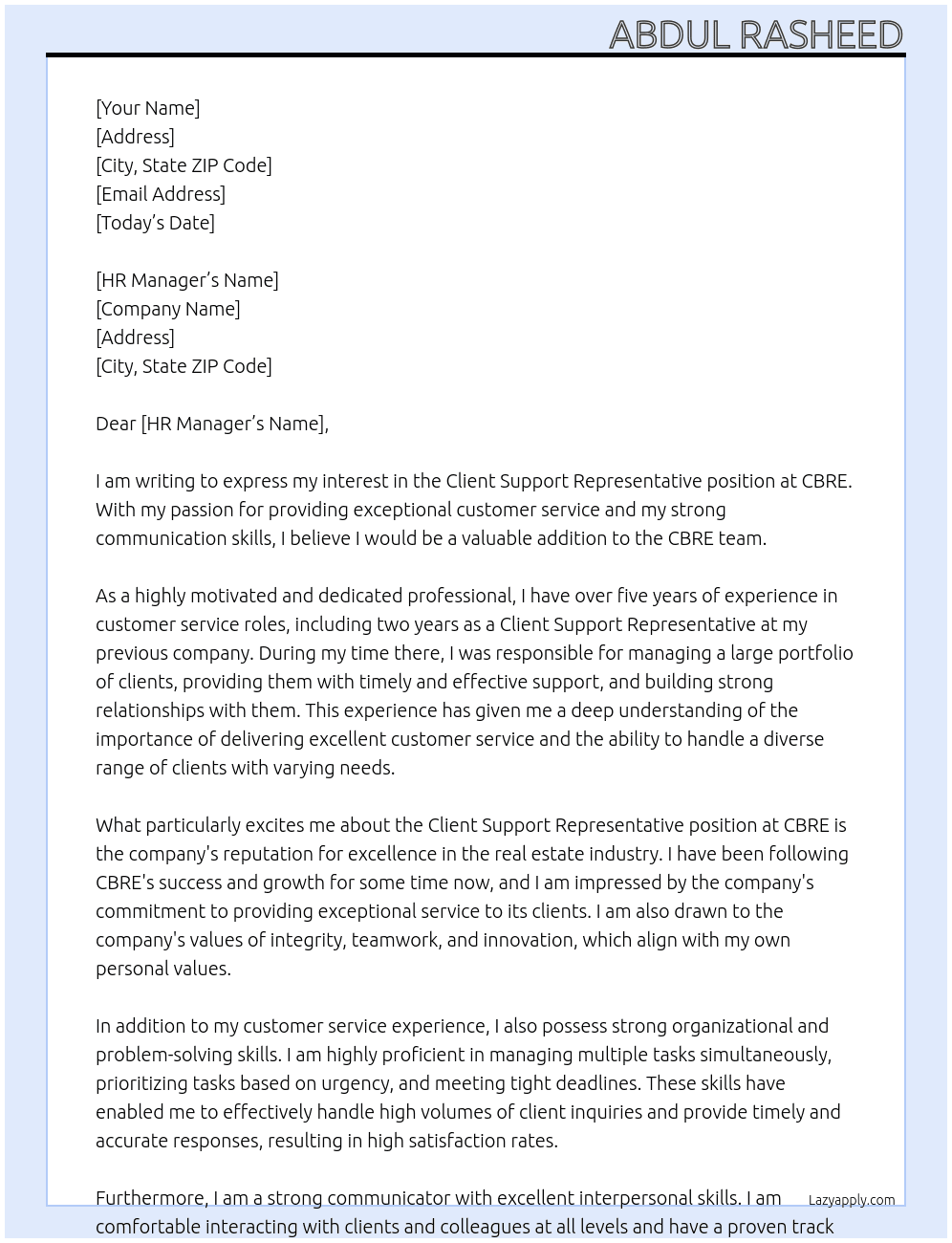 Cover letter for client support representative - LazyApply