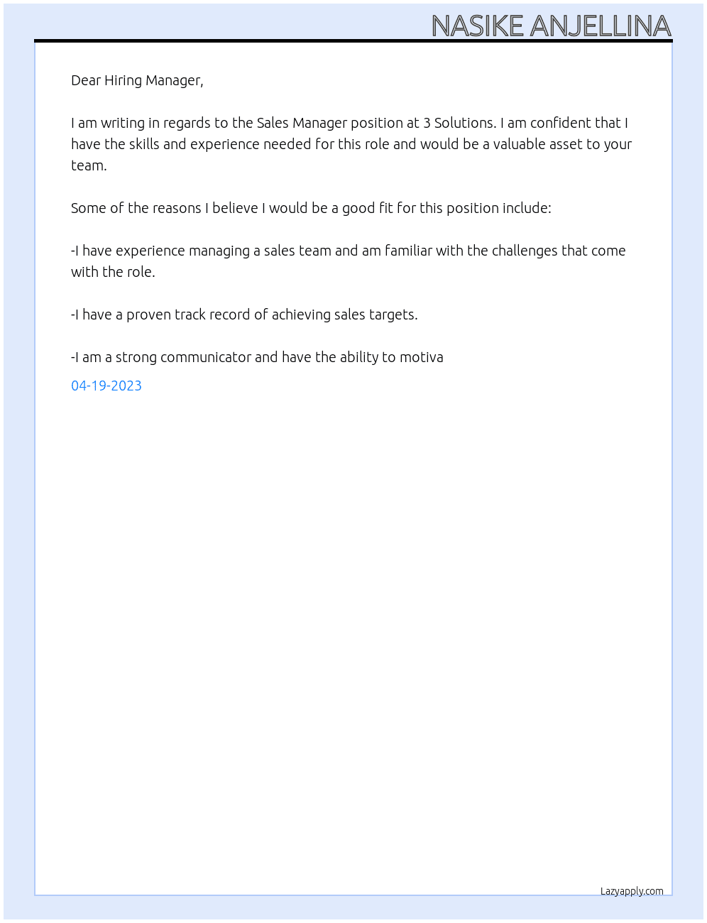 sales manager  At 3 solutions  Cover Letter