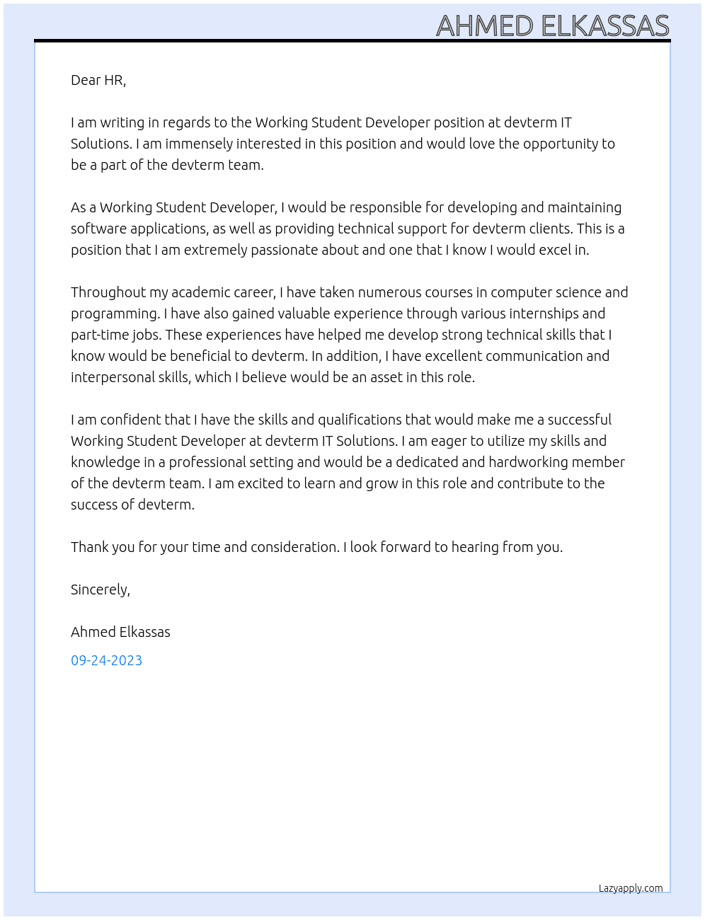 Working Student Developer At devterm IT Solutions Cover Letter