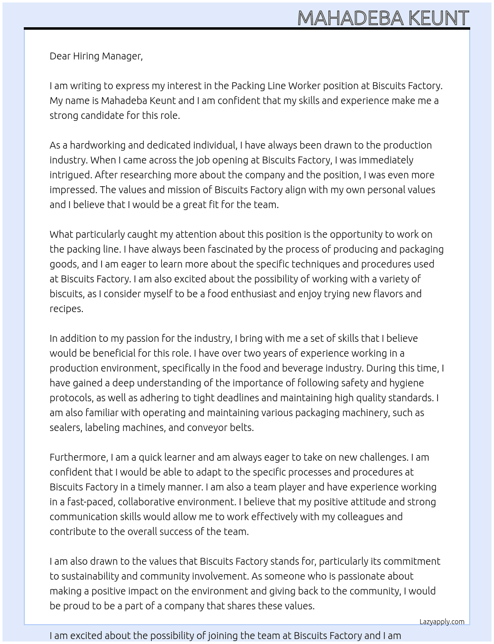 Packing Line Worker (Biscuits Factory) At Biscuits Factory  Cover Letter