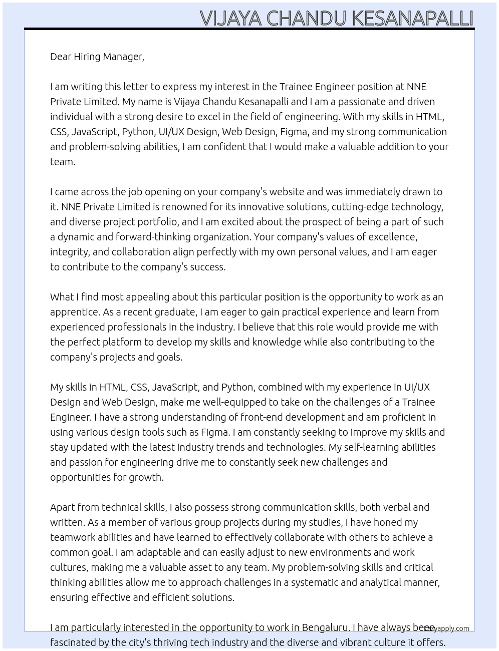 Trainee Engineer At NNE Private Limited Cover Letter