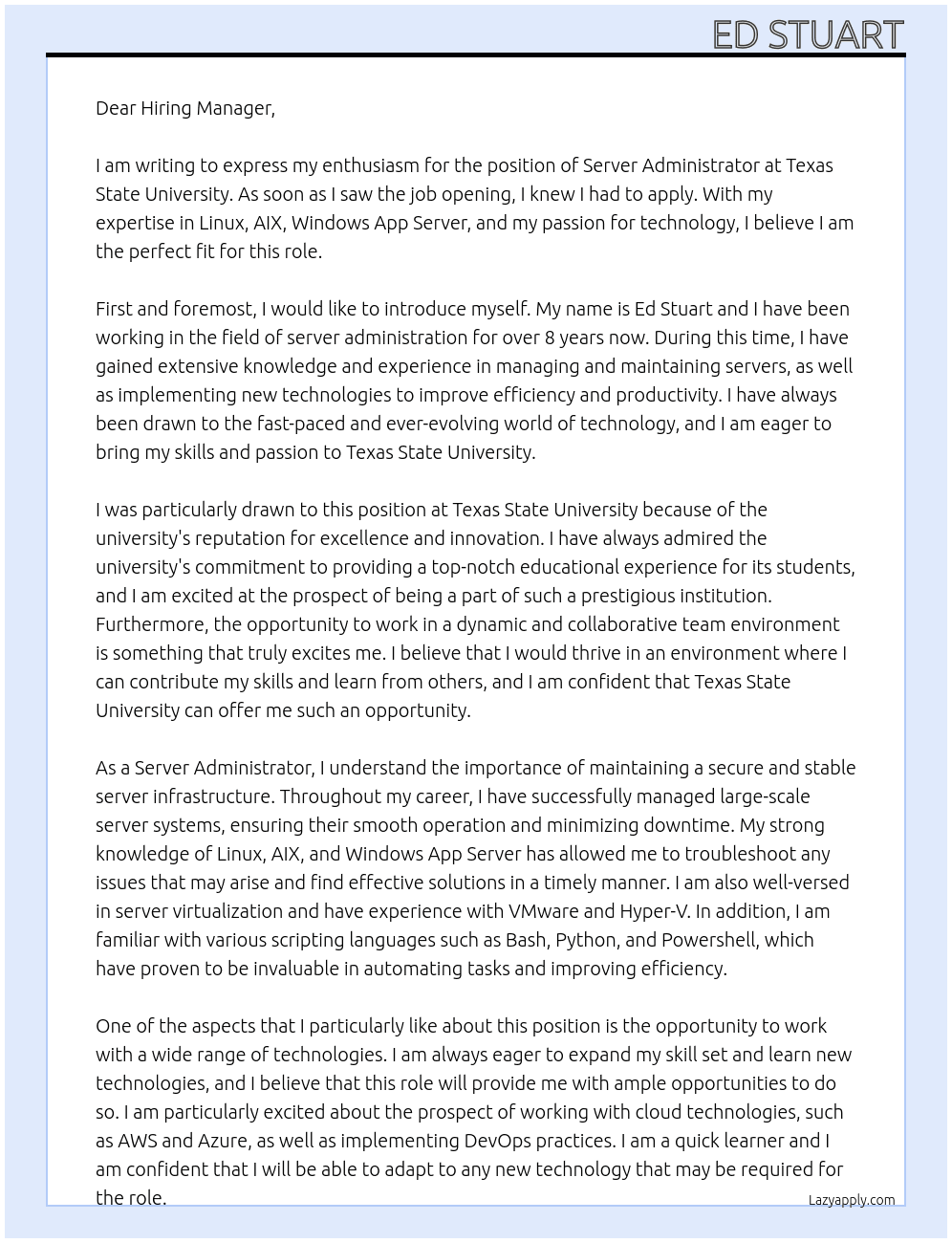 Server Administrator At Texas State University Cover Letter