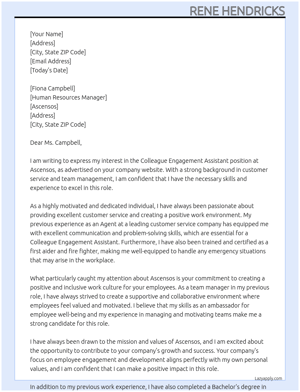 Colleague Engagement Assistant At Ascensos Cover Letter