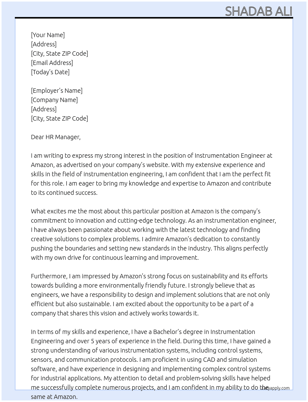 Instrumentation Engineer  At Amazon  Cover Letter