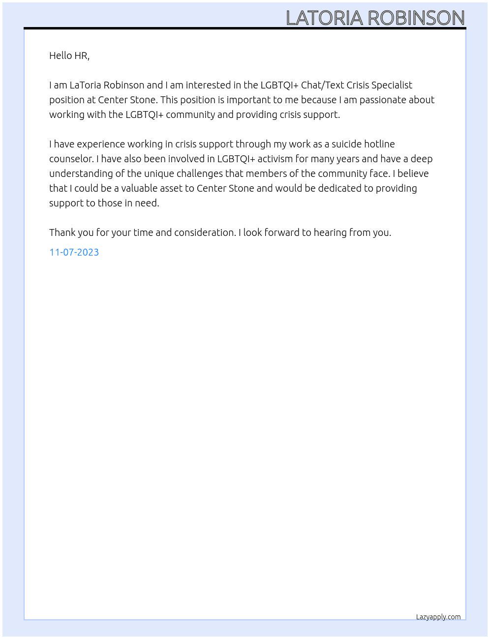 LGBTQI+ Chat/Text Crisis Specialist At Center Stone Cover Letter