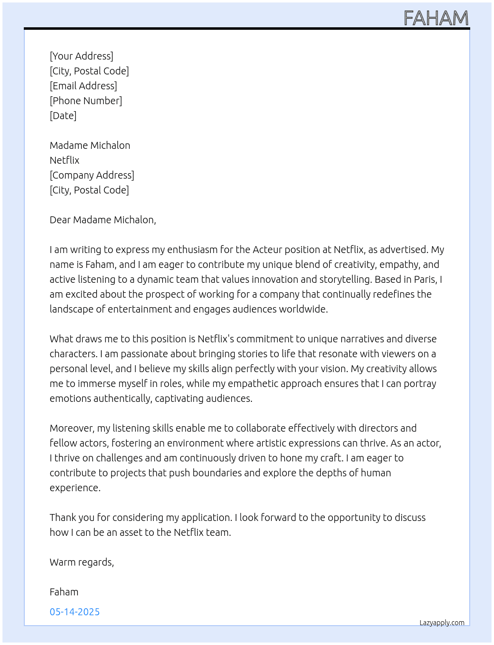 Cover letter for acteur - LazyApply