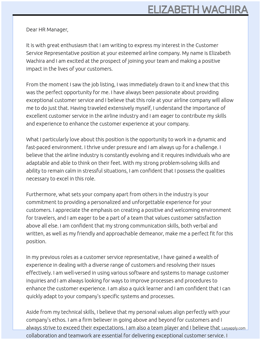 Customer service representative  At Airline  Cover Letter
