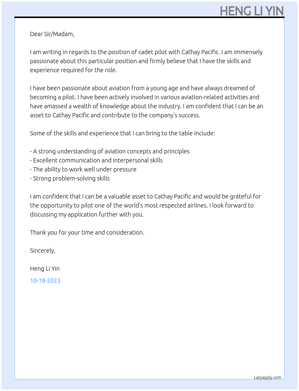cadet pilot At Cathay Pacific Cover Letter