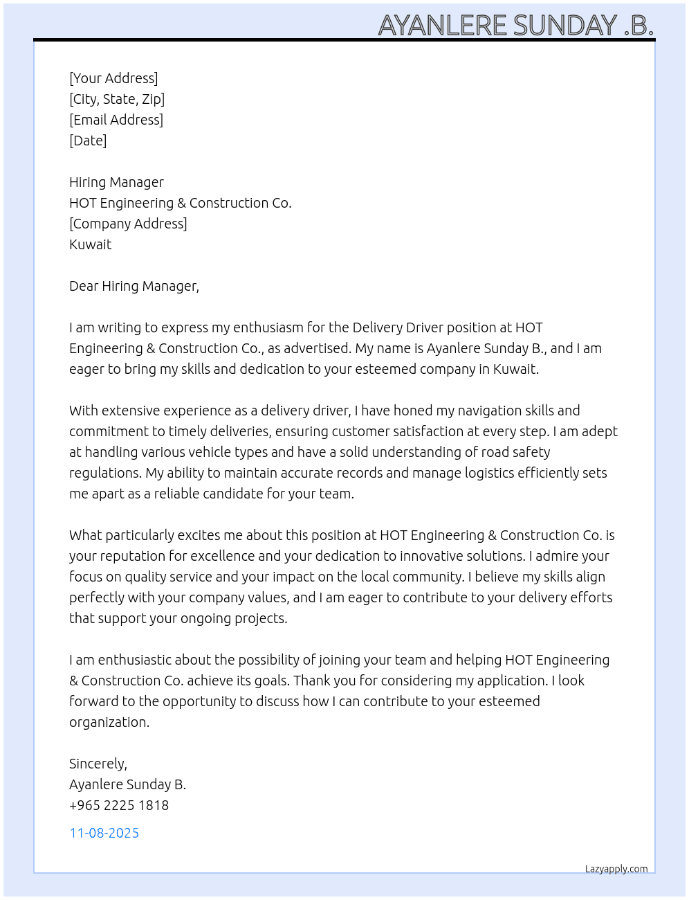 Cover letter for delivery driver work. - LazyApply