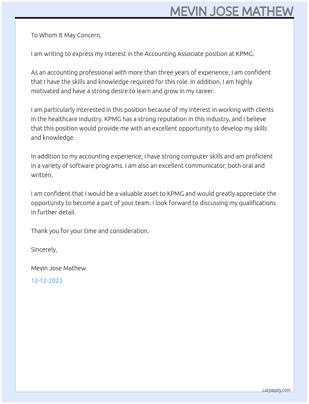 Accounting Associate  At Kpmg Cover Letter