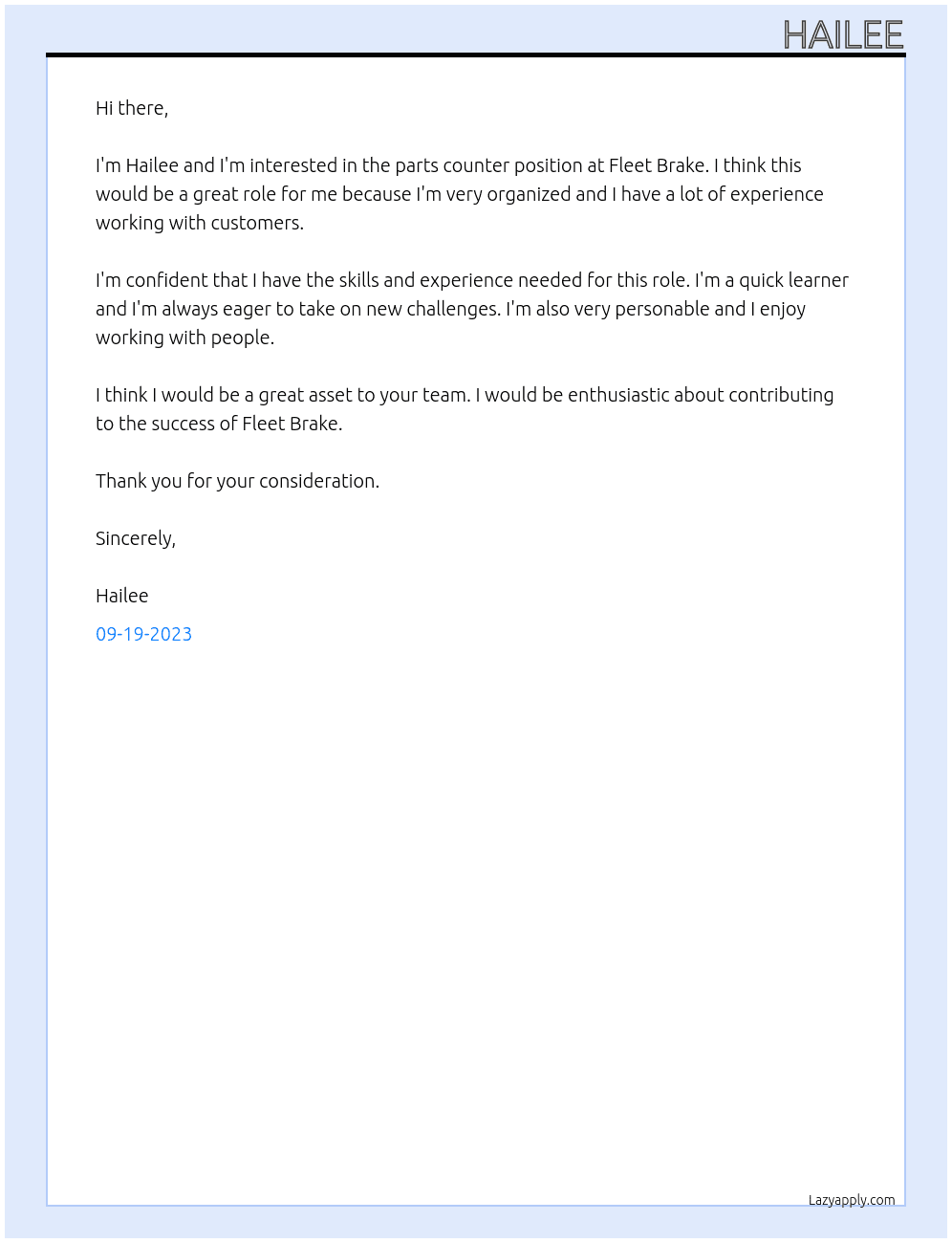 Parts Counter At Fleet Brake Cover Letter