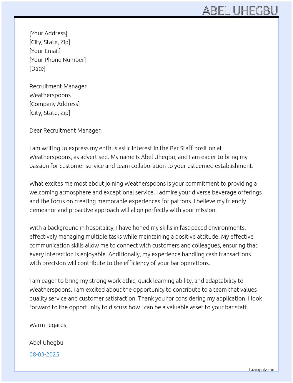 Bar staff At Weatherspoons Cover Letter
